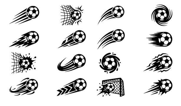 Soccer ball icon vector set with flying football motion and goal logo designs