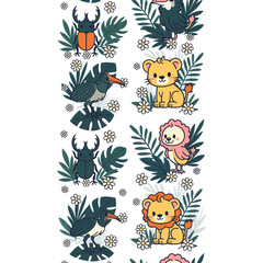 Obraz premium Cute cartoon jungle animals and insects seamless vector pattern