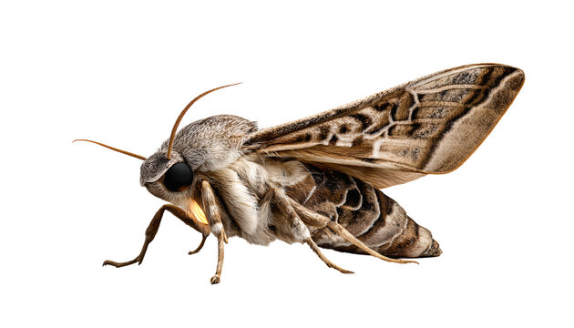 A Hawk Moth in Flight A detailed close-up captures a hawk moth in mid-flight, showcasing its intricate wing patterns and delicate antennae against a clean backdrop.