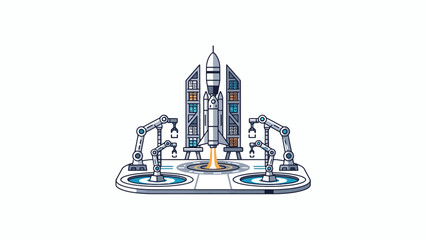 A rocket ship stands on a launch pad surrounded by robotic assembly arms © HALEDS