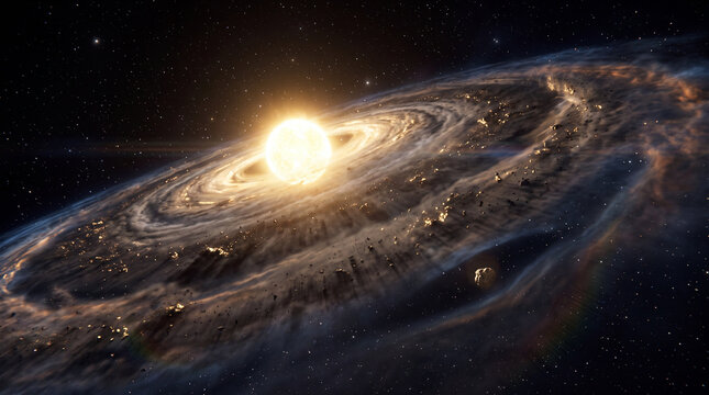 A bright glowing star surrounded by a swirling protoplanetary disk of dust and rocky asteroids in a dark cosmic space background with distant stars