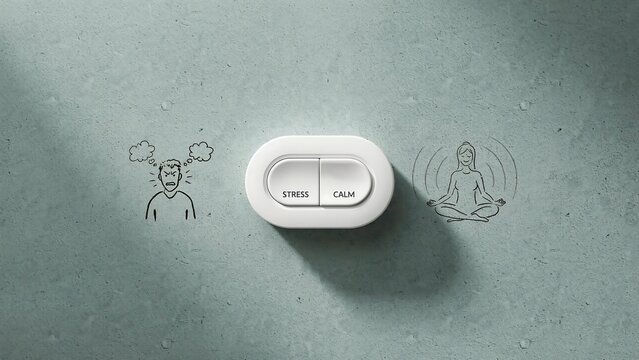 Stress relief button with calm and stress options representing mental wellness and emotional balance