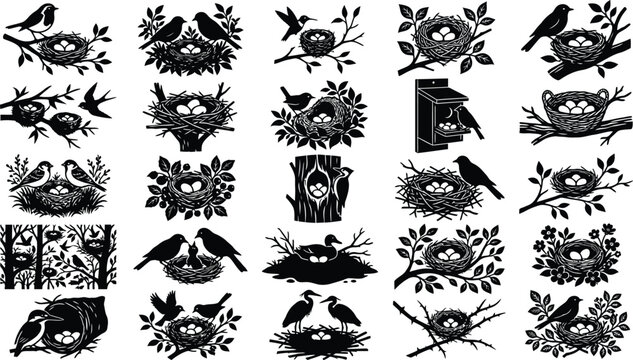 Black silhouettes of birds and nests on white background, various tree branches and leaves