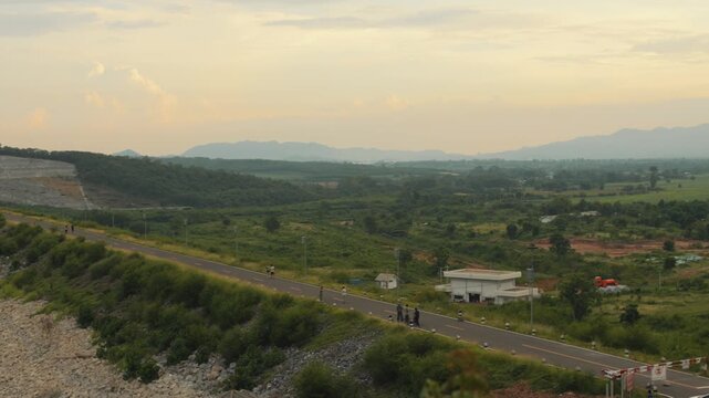 Aerial Panorama of Muak Lek Dam and Scenic Countryside Landscape, Thailand