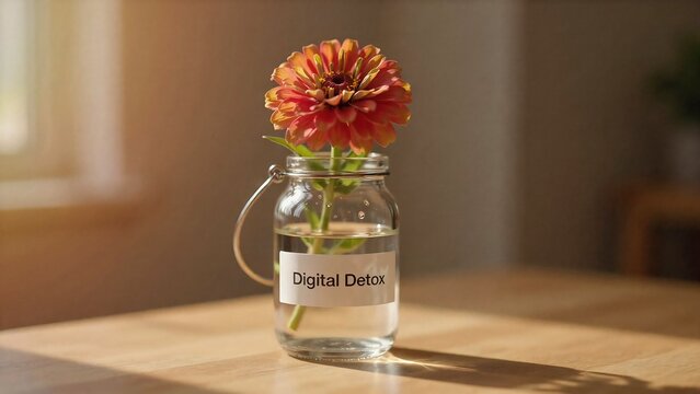 Single flower in glass jar with digital detox label representing mindfulness and healthy lifestyle