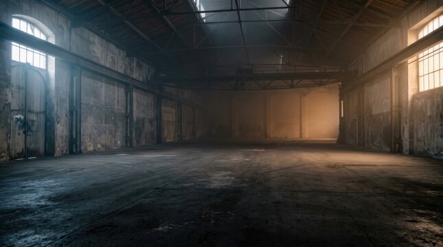 Empty abandoned warehouse interior for spooky Halloween horror scene.