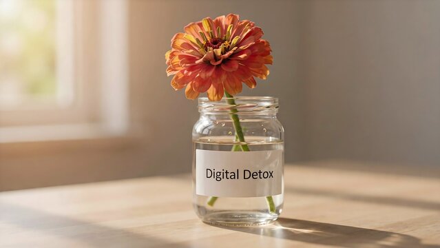 Single flower in glass jar with digital detox label representing mindfulness and healthy lifestyle