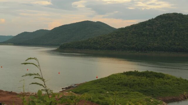 Aerial Panorama of Muak Lek Dam and Scenic Countryside Landscape, Thailand