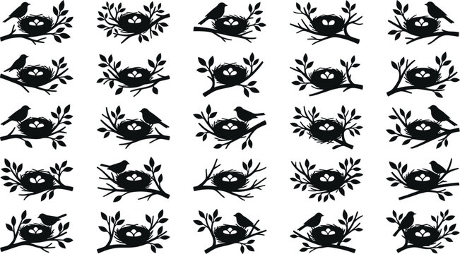 Black silhouettes of birds on branches with nests, repeating pattern on white background, leaves