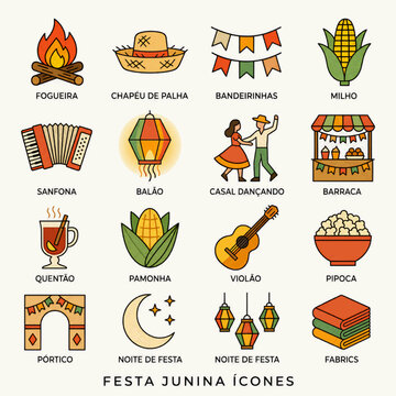 Junina traditional Brazilian festival filled line icons set 