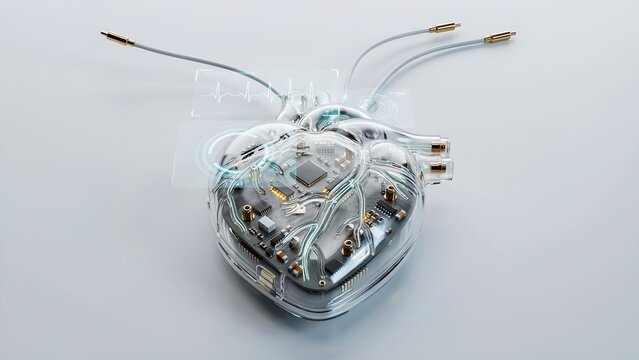 Futuristic artificial intelligence heart with transparent circuits and advanced digital technology