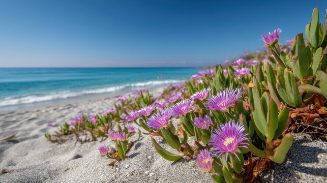 Detailed view of Carpobrotus Edulis (Hottentot-fig) fuchsia blossoms on Budoni beach's white sand in Sardinia, with the blue sea and sky behind 