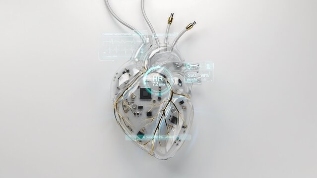 Futuristic artificial intelligence heart with transparent circuits and advanced digital technology