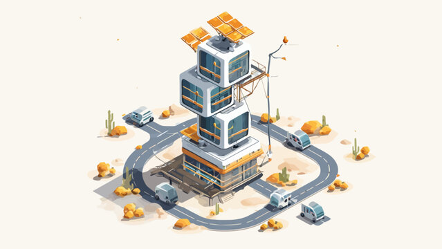 A futuristic modular building stands in a desert landscape with small vehicles