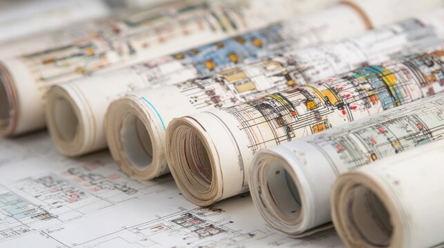 Electrical engineering drawings on rolls of paper, electrical engineering, drawings, schematics