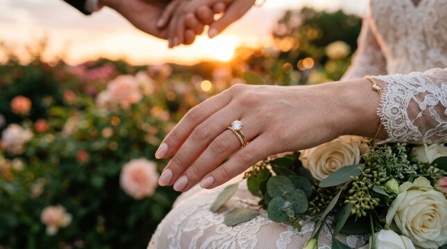 Close up of a bride and groom holding hands with engagement ring and wedding bouquet at sunset.