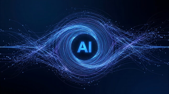 Abstract digital AI vortex with swirling light particles, representing artificial intelligence and technology's future