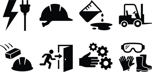Fototapeta premium Workplace Safety and Industrial Hazard Black Silhouette Icon Set Featuring PPE Forklift and Emergency Procedures