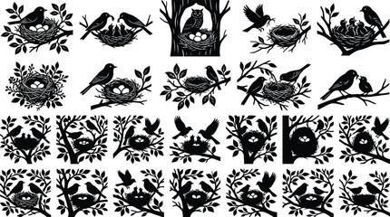 Obraz premium Black silhouettes of birds, nests, and trees on white background, bird silhouettes black, and white