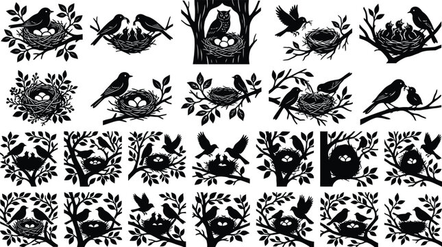 Black silhouettes of birds, nests, and trees on white background, bird silhouettes black, and white