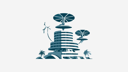 A futuristic building with rotating solar panels stands on a tropical island shore © hai