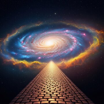 Illuminated road extending into a swirling galaxy nebula emphasizing the power of fate and the concept of an unchangeable future, horizon, prophecy, inevitable