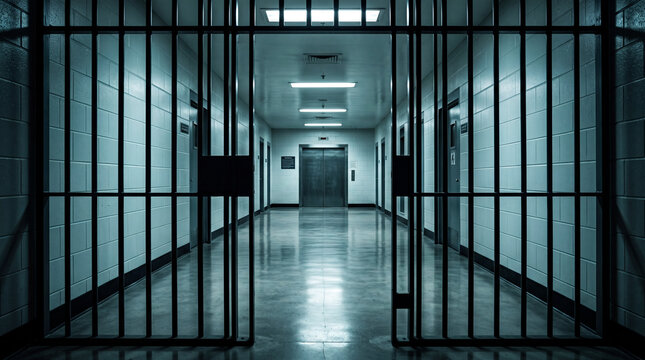 Empty prison hallway viewed through heavy iron cell bars with metal gates and a door at the end of a long sterile corridor in a dark blue tone