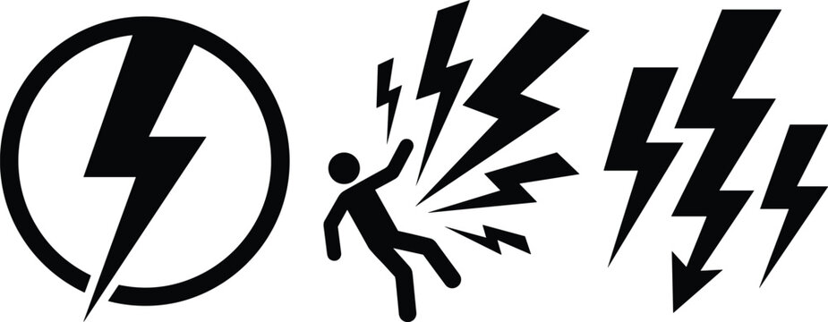 High Voltage Electric Shock Danger Warning Vector Icon Set with Lightning Bolt Symbols and Electrocuted Stick Figure for Industrial Safety Signage and Hazard Labels