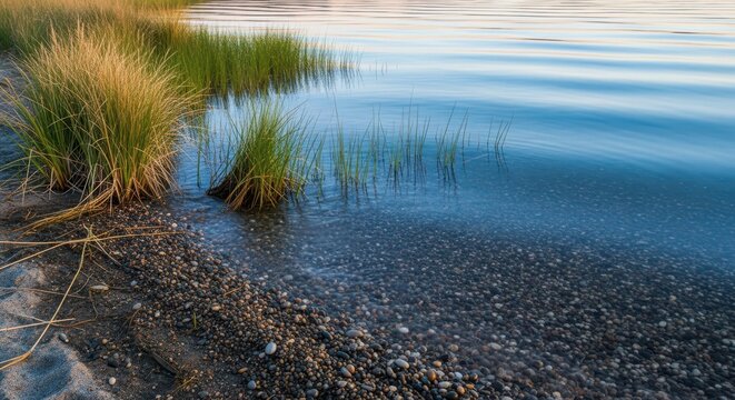 Tranquil waters lapping against the shore of a clear lake, featuring wet sand, pebbles, and native grasses along the natural boundary, rocks, lake, blue