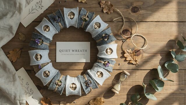 Round gift box arrangement with blank card mockup on rustic wooden table for festive celebration