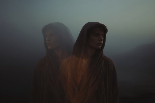 Young man double exposure wearing hooded cloak in fog
