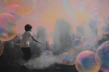 Naklejka premium Boy jumping amid giant bubbles on urban rooftop at sunrise