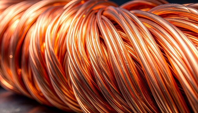 工業用や電気配線に使われる高品質な金属素材である銅線の束のクローズアップ