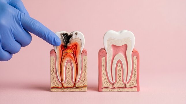 Dentist pointing to tooth decay on tooth model on pink background.