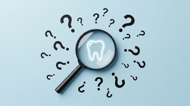 Magnifying glass examining a glowing tooth surrounded by question marks on blue background.