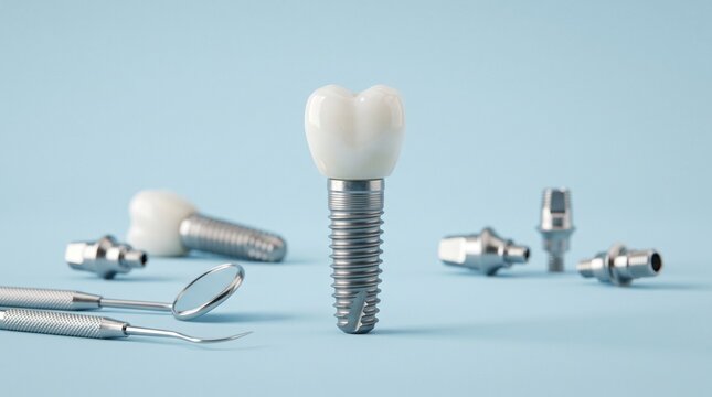 Dental implant with surgical tools and components on blue background.