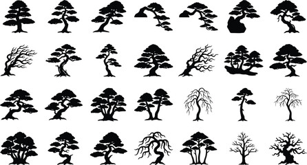 Obraz premium Black silhouettes of various bonsai trees on white background