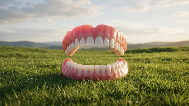 Set of complete upper and lower dentures floating above green grass field under sunny sky.