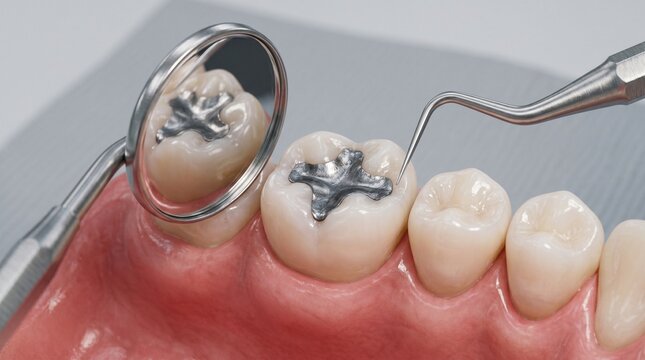 Dental mirror reflecting amalgam filling on molar, with dental explorer present.