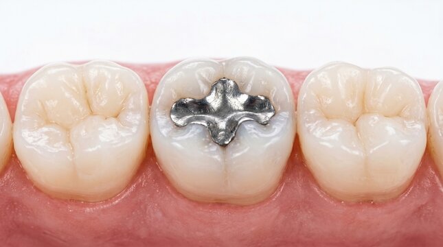 Close-up of molar tooth with amalgam filling, surrounded by healthy teeth and gums.