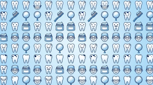 Dental icons pattern with tooth brushes mirrors toothpaste tubes and dentist faces on blue.