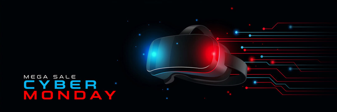 Cyber Monday VR Headset Mega Sale Banner With Circuit Board Design Keywords: cyber monday, mega