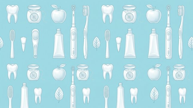 Dental health pattern with electric toothbrushes apples dental floss and toothpaste tubes.