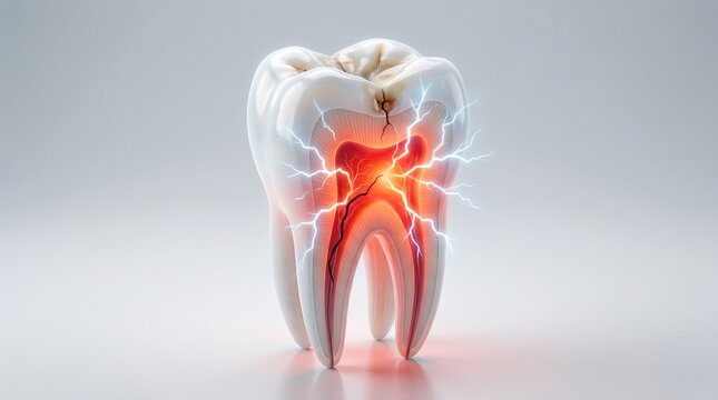 Cracked tooth with painful exposed pulp and lightning effects on white background.