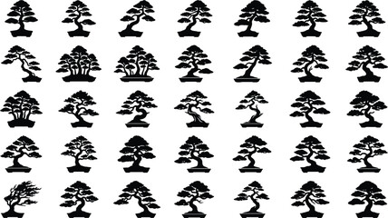 Fototapeta premium Black silhouettes of various trees on white background, repeating pattern