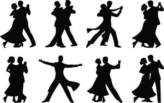 Ballroom dancing couple silhouettes vector illustration set showing elegant dancers performing classic waltz and tango isolated on a white background