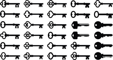 Collection of assorted black keys on white background, various shapes and sizes key collection assorted keys © Graphic Shops