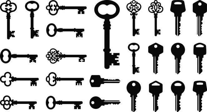 Collection of 25 black keys on white background, various shapes and sizes key collection old keys new keys