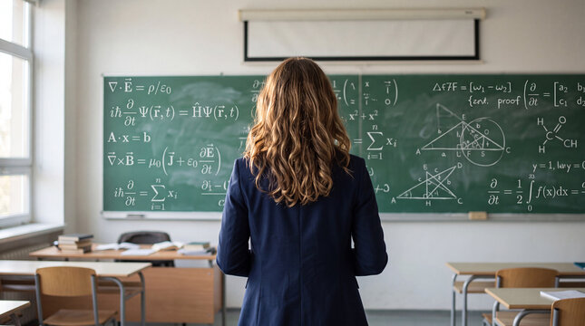 Female teacher or scientist standing in front of a green chalkboard filled with complex physics and mathematics equations in a classroom setting