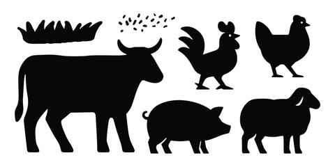 Fototapeta premium Silhouettes of farm animals, vector element set